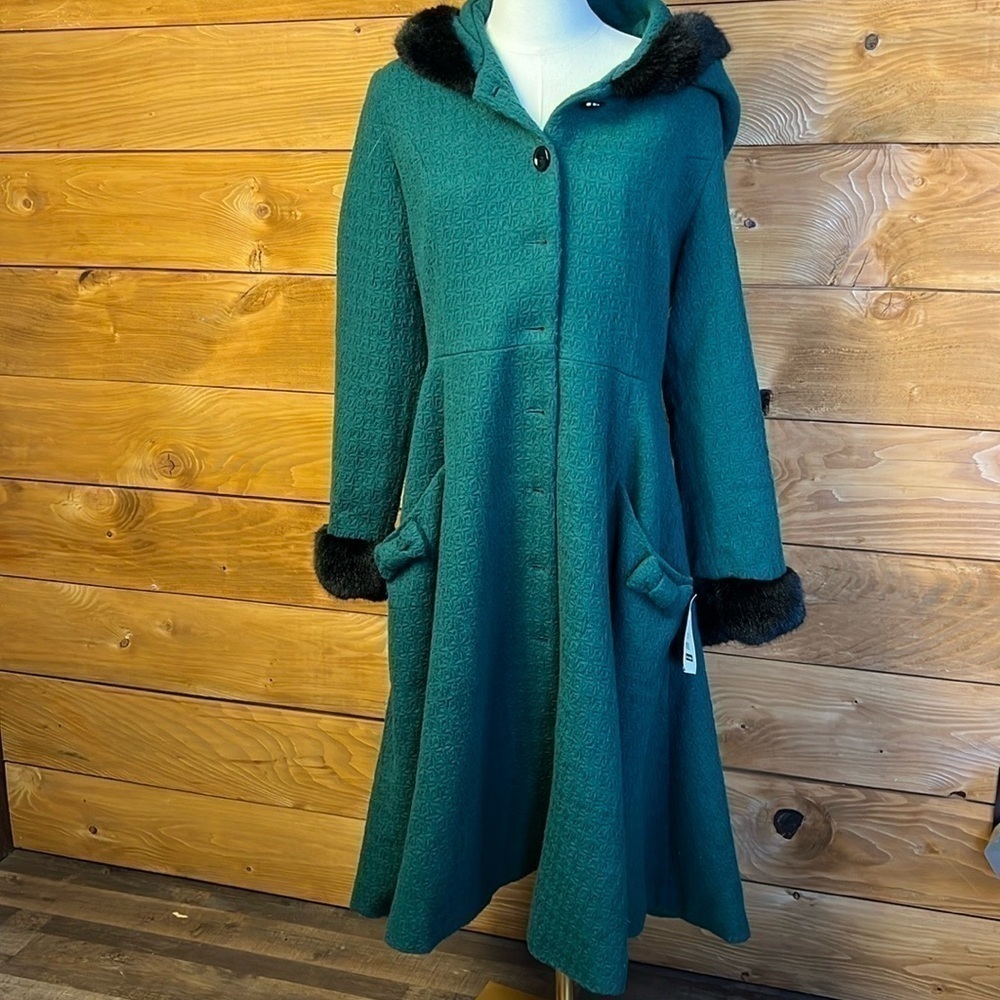 Modcloth Emerald Green Hooded Pea Coat with Black Fur Trim